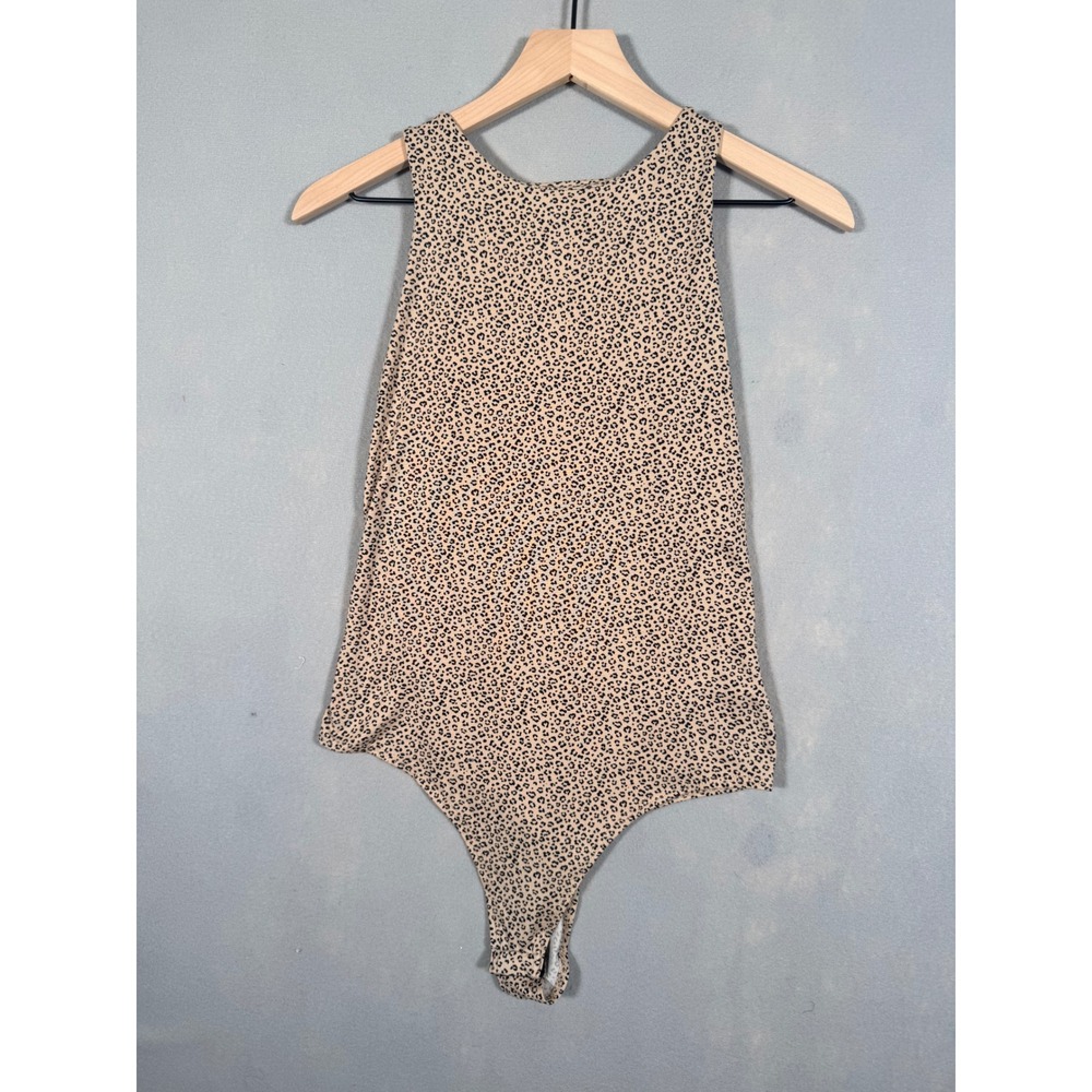 Gaze Womens Leopard Print Sleeveless Thong Bodysuit Tan Black Large T53807